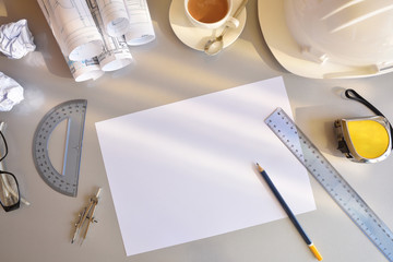 Working table of construction engineer with new project top