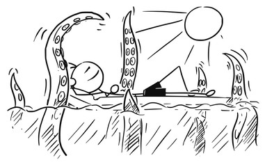 Cartoon Vector Stick Man Relaxing on Airbed, Air Mattress Attacked by Giant Octopus Squid