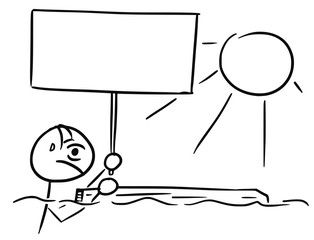 Vector Stick Man Cartoon of Shipwreck Survivor Castaway Swimming with Piece of Wood and Holding Empty Sign