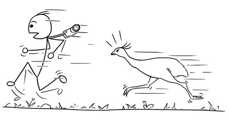 Vector Stickman Cartoon of Men Running Away Followed by Large Bird Ostrich