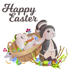 Set of easter chocolate egg hunt bunny basket on green grass decorated flowers, rabbit funny ears, happy spring season holiday tradition greeting card banner collection vector illustration background