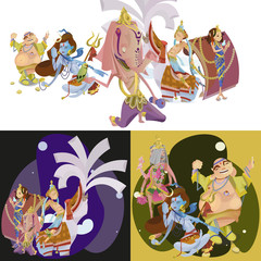 Set of isolated Indian Gods meditation in yoga poses lotus and Goddess hinduism religion, traditional asian culture spiritual mythology, deity worship festival vector illustrations, T-shirt concepts