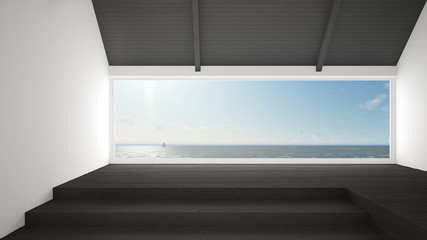 Big panoramic window with sea ocean background, summer scene, empty room interior design