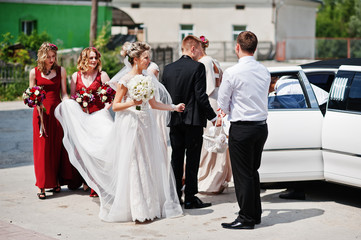 Stylish wedding couple with bridesmaids and best mans against wedding limousine.