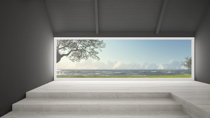 Obraz premium Big panoramic window with grass garden, olives trees and rough seas, empty room interior design