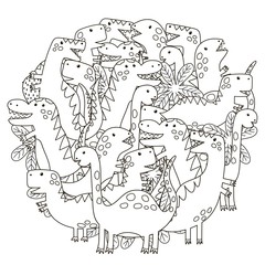 Circle shape pattern with cute dinosaurs for coloring book