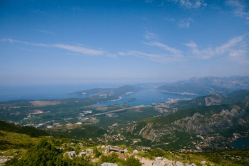 Fototapeta na wymiar View of the mountain Lovcen Tivat. Tivat Airport. Lustica Peninsula. Montenegrin coast.