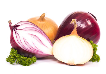 bulbs of onion red and yellow on a white background