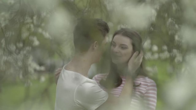 Verliebtes Paar k&uuml;sst sich hinter den Bl&uuml;ten