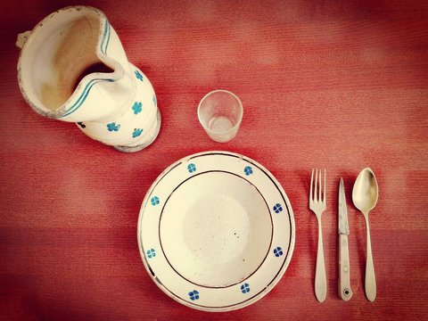 Original Antique Tableware: Dish Plate, Jug, Glass, Knife, Fork, Spoon, nickel silver cutlery.