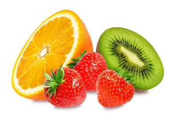Strawberry,orange and kiwi fruit  isolated on white