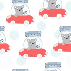 Tapeten Tiere im Transport nahtloses Muster mit süßem Teddybär in der Autovektorillustration