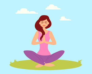 Young woman doing yoga in a park on the grass. Vector illustration