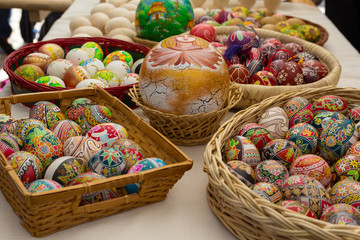 Kiev, Ukraine - April 29, 2016: Painted pysanka handmade sold at the fair during the celebration of Easter