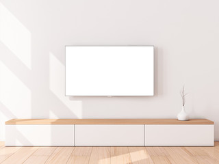 Smart Tv Mockup with white screen hanging on the wall, empty living room, 3d rendering