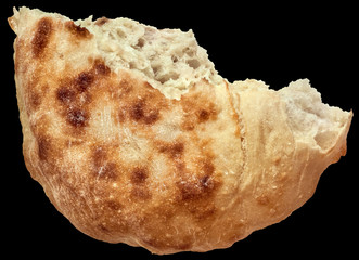 Leavened Flatbread Loaf Torn Half Isolated on Black Background