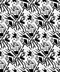 Abstract seamless pattern. Linear hand drawn motif background. Lines and dots monochrome decoration design in memphis style