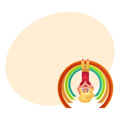 Teenage Caucasian girl hanging hanging on monkey bars at the playground, cartoon vector illustration with place for text. Girl hanging upside down on monkey bars, having fun at the playground