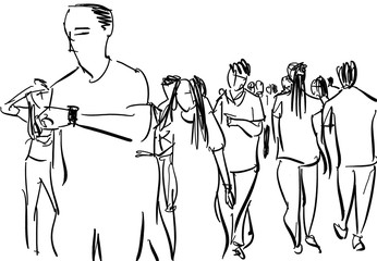 crowd walking cartoon sketch