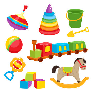 Set of baby, kid toys - pyramid, spinning top, bucket, shovel, ball, train, rocking horse, rattle, blocks, cartoon vector illustration isolated on white background. Colorful kid items, baby toys set