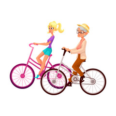 Fototapeta na wymiar Old and young woman, mother and daughter, grandmother and granddaughter, riding bicycle, cycling together, cartoon vector illustration isolated on white background. Old and young women riding bicycles