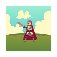 Medieval knight child, sword bearer, squire in chain armor, cartoon vector illustration isolated on white background. Full length portrait of child armor bearer stands on green grass under summer sky