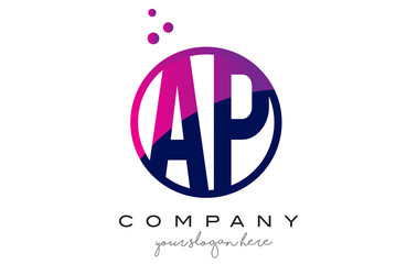AP A P Circle Letter Logo Design with Purple Dots Bubbles