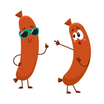 Couple of funny sausage characters, one in sunglasses giving thumb up, another pointing to it, cartoon vector illustration isolated on white background. Two sausage characters, mascots, cute and happy