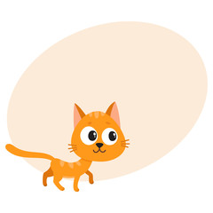 Cute and funny red cat character, curious, playful, mischievous, cartoon vector illustration with space for text. Cute and funny red cat character walking curiously, looking aside