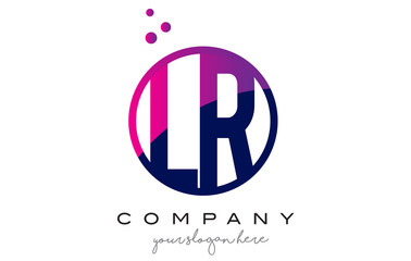 LR L R Circle Letter Logo Design with Purple Dots Bubbles