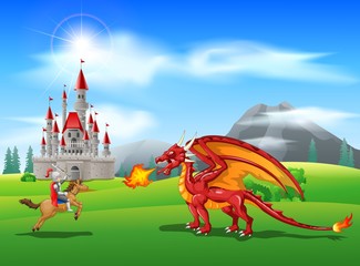Naklejka na ściany i meble Cartoon knight with fierce dragon. Vector illustration