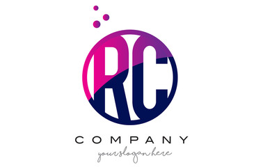 RC R C Circle Letter Logo Design with Purple Dots Bubbles