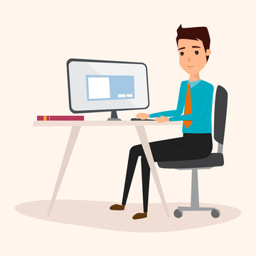 business man working with a computer. programer character. illustration vector flat design.