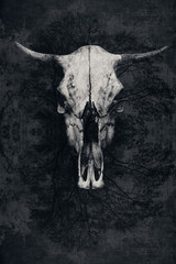 Double exposure. The skull of a bull with horns and wood. Abstract background, texture, grunge