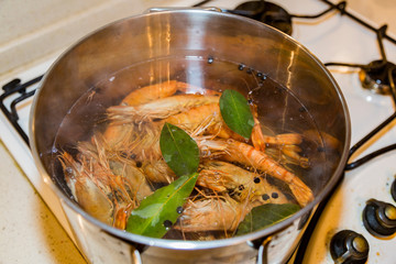 Giant tiger shrimps with heads are cooked with a laurel leaf in a saucepan on a gas stove