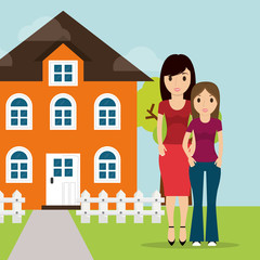 Fototapeta na wymiar mother daughter facade house tree and fence vector illustration eps 10