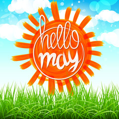 vector Summer Background With Sun, Grass, Flower And Butterflies