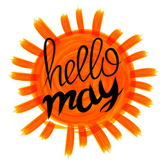 hello may vector card with vintage sunburst and hand drawn lettering orange sun © 7razer