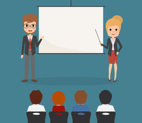 business man and business woman presenting in meeting room. presentation infographic. people character vector design.