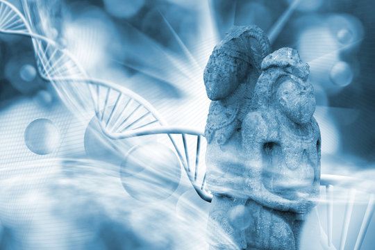 molecular structure, DNA chains and ancient stone sculptures