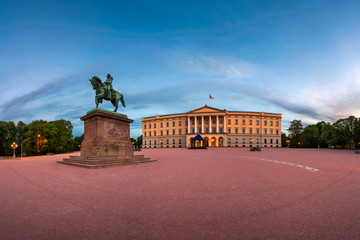 Panorama of the Royal Palace and Statue of King Karl Johan at Sunrise, Oslo, Norway