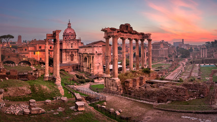Fototapeta na wymiar Panorama of Roman Forum (Foro Romano) in the Morning, Rome, Italy