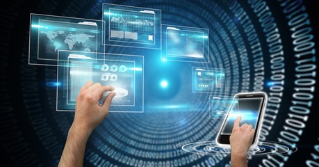 Digital composite image of hands touching screens