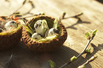 
Knitted Easter nests with quail eggs

