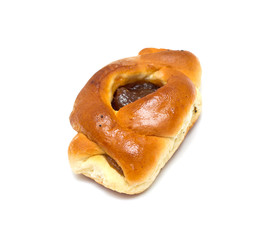 Sweet bun with apricot jam isolated on white