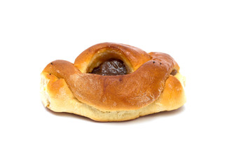 Sweet bun with apricot jam isolated on white