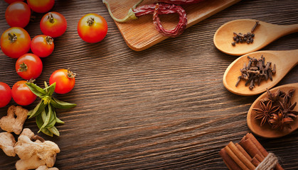 everything on wood table for the preparation of acute Italian sauce
