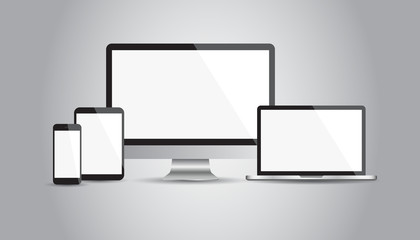 Realistic device flat Icons: smartphone, tablet, laptop and desktop computer. Vector illustration on gray background