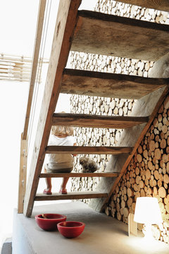 Wooden staircase, little girl and logs for the fireplace in an old renovated chalet