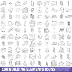 100 building element icons set, outline style